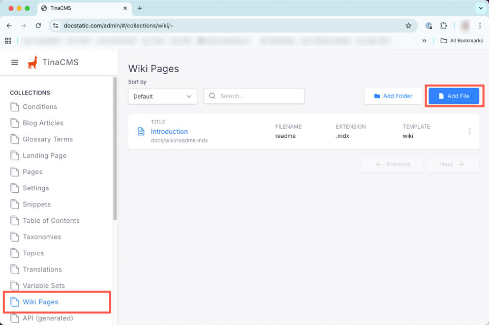 TinaCMS. A callout highlights the Wiki option and the Add file option.